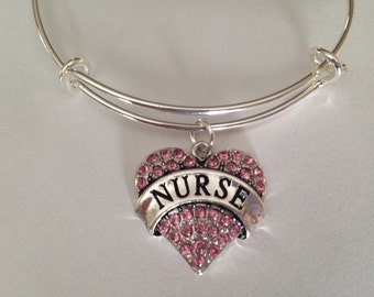 Nurse Pink Crystal Heart Charm on a Silver Plated Bangle / Alex and Ani ...