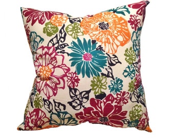 Turquoise, Magenta, Green and Orange Floral Print Pillow Cover