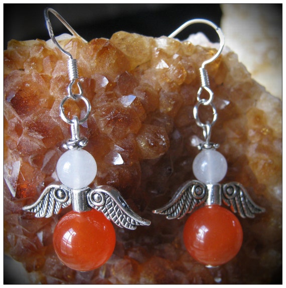 Handmade Silver Guardian Angel Earrings with Orange Topaz & White Opal by IreneDesign2011