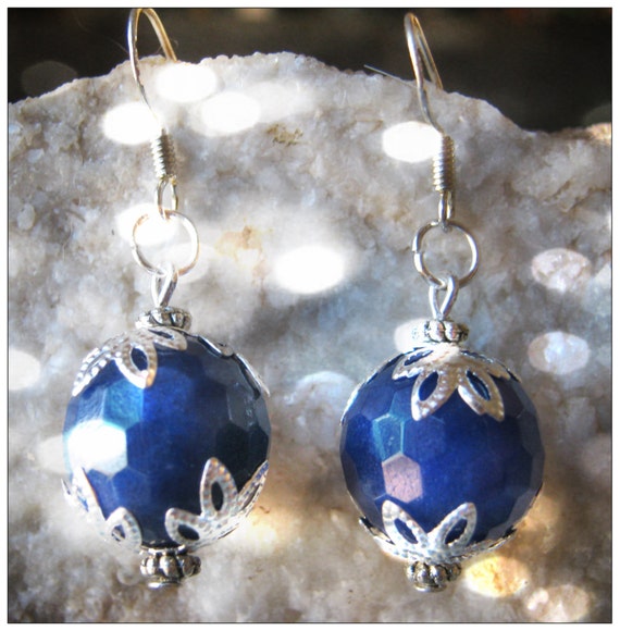 Handmade Silver Earrings with Facetted Blue Jade