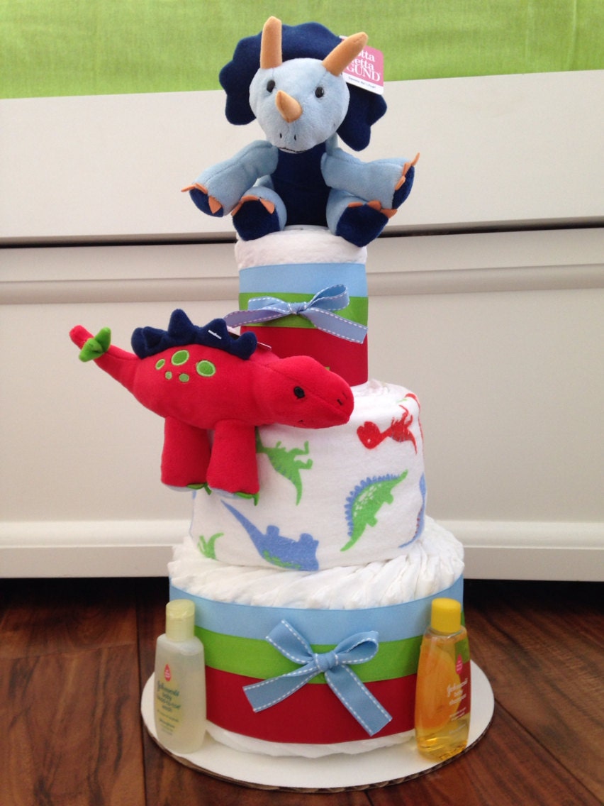 3 Tier Dinosaur Diaper Cake Dinosaur Baby Shower by AllDiaperCakes