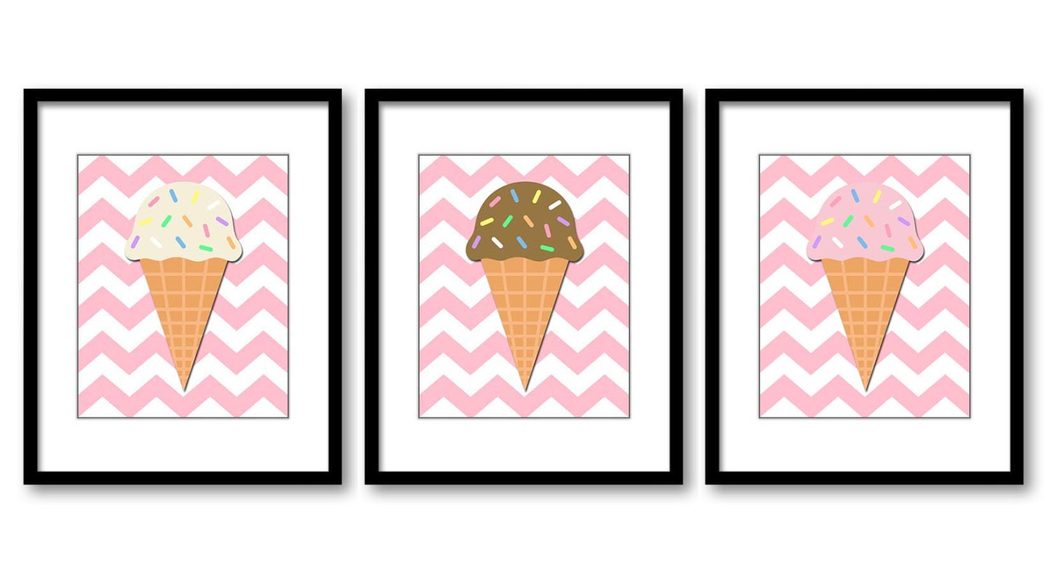 Pink Chevron Ice Cream Cones Kids Art Nursery Art Nursery Print Set of 3 Child Baby Art Vanilla Choc