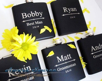 8 Groomsman Flask Set ~ With Free Engraving ~ 6 oz Matte Black Hip Flask ~ Stainless Steel 6oz Flask ~
