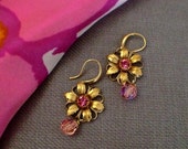 Pink earring, hot pink earring, crystal flower earring, vintage earring, dangle, drop earring, daisy flower earring, bridesmaid earring