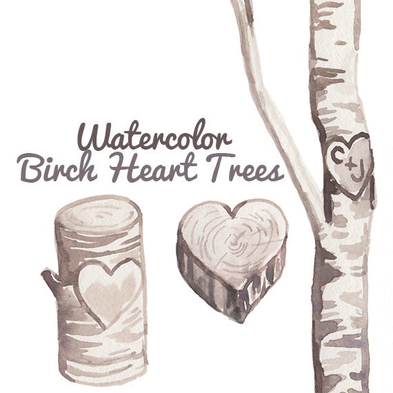 Custom Watercolor Birch Heart Trees Carving Clipart Wedding