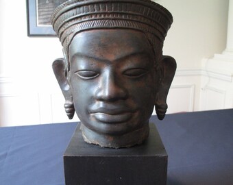  TeTe Khmer Angko r Bronze Buddha Head Statue on Stand 19.5quot; Tall