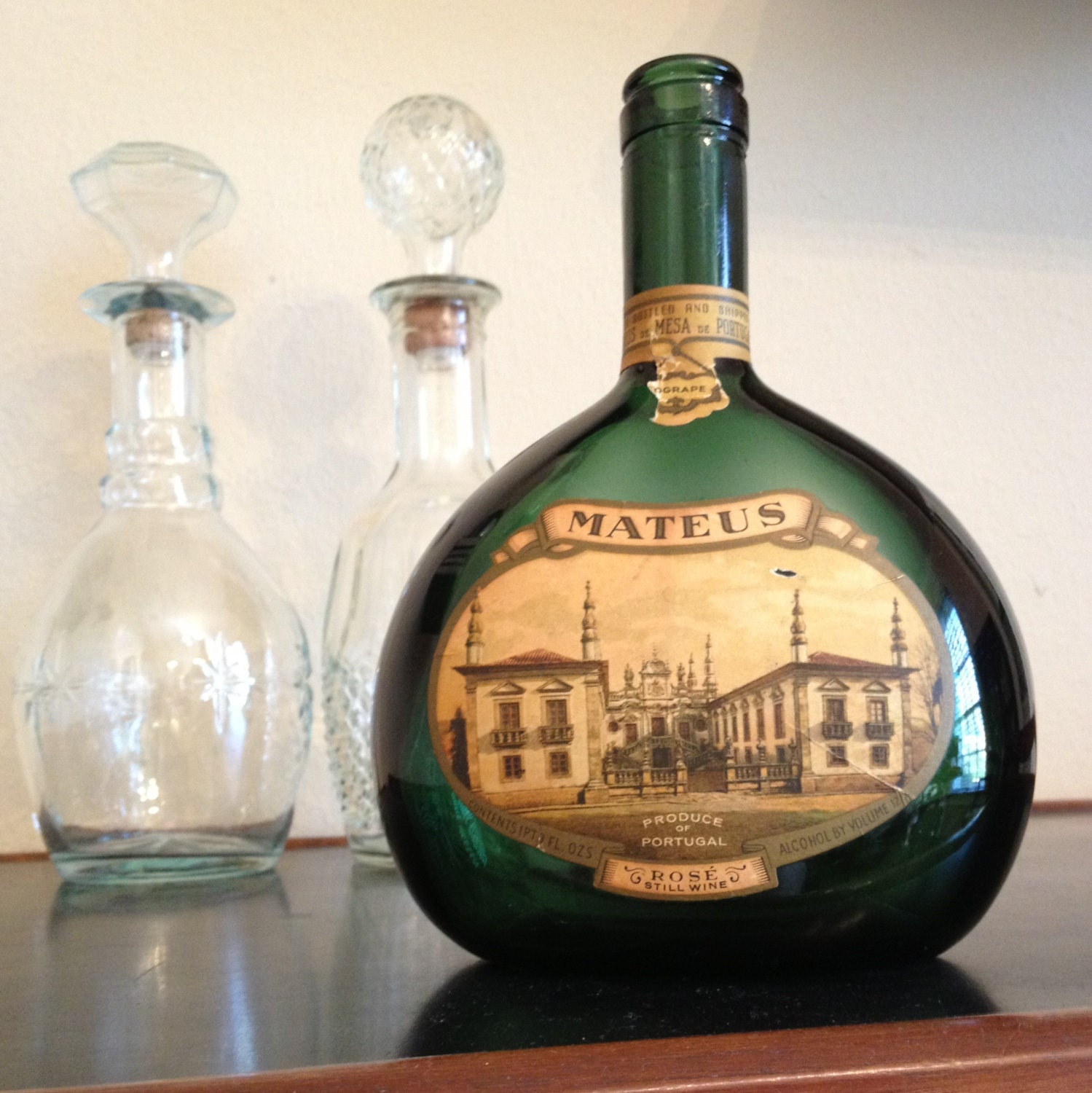 Vintage Green Glass Mateus Wine Bottle from Portugal 1960s