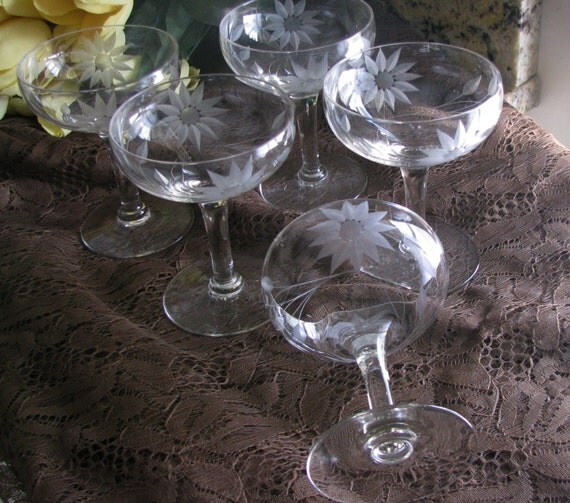 Crystal Champagne Stemware Etched Daisy Floral Pattern by Jjantiq