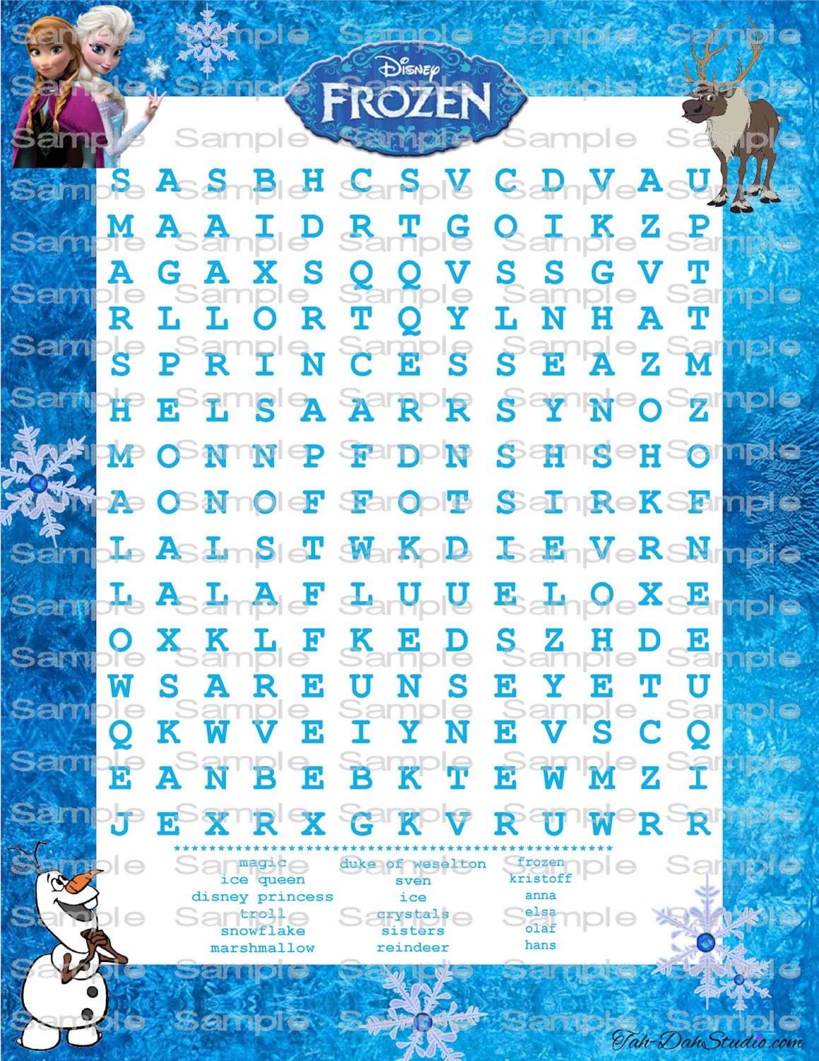 NEW Disney Frozen Word Search Game Birthday Party by TahDahStudio