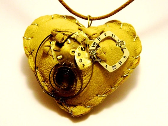 Big heart pendant, Steampunk jewelry handmade necklace "The Wounded Heart", hand-sewn genuine caramel colored leather, spring, watch dials by EmilySteampunk steampunk buy now online