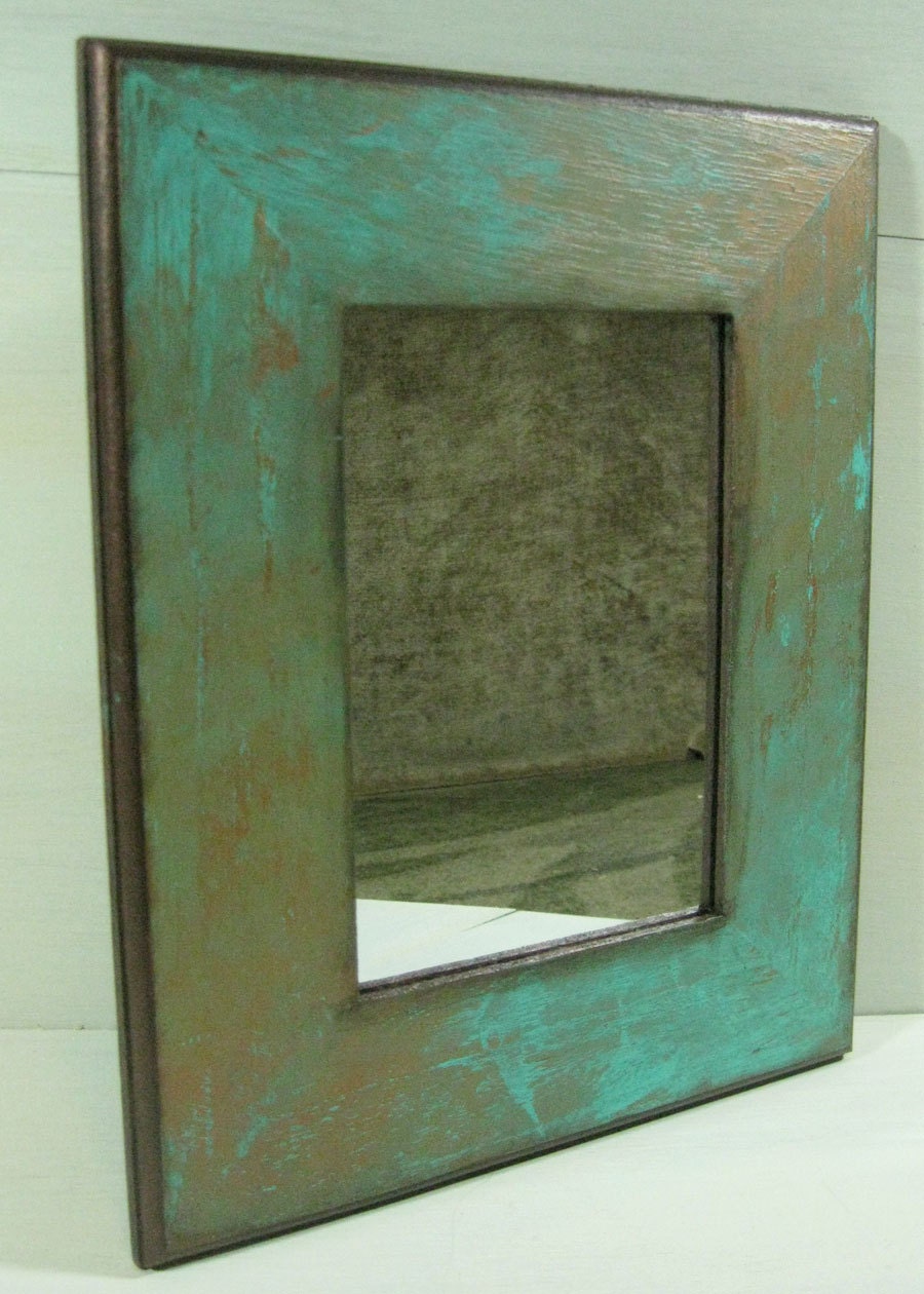 Hand-Painted Wood Framed Mirror Faux Copper Patina with