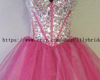 Charming crystal beaded short prom dress,puffy tulle skirt