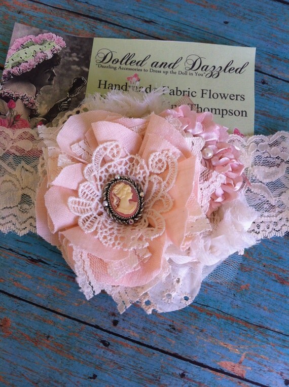 Peach, Ivory, Linen & Lace/ Cameo Flower Headband/ Victorian Brooch Pin/ Girls Hairclip/ Shabby Chic Headband/ Baby Headband/ Embellishment