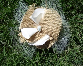 Burlap Wedding Hairpiece Rustic Wedding Hairpiece Burlap Wedding Flower Burlap Hair Flower Fascinator Rustic Flower Shabby Chic WEdding