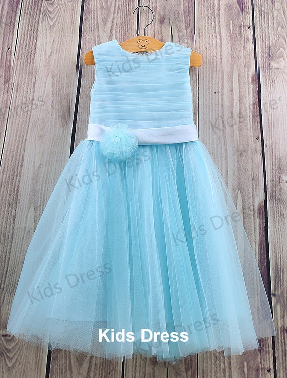 A-line Scoop Tulle Satin Blue Flower Girl Dress With Sash