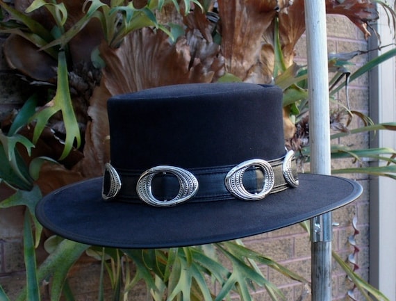 Black Suede Leather Stevie Ray Vaughan Style Rock / Blues Guitar Stage Replica Hat with Concho Belt by Cobbcoleather steampunk buy now online