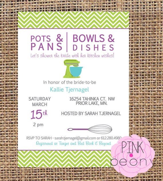 Pots and Pans Wedding Shower Invitation kitchen by PinkPeonyTX