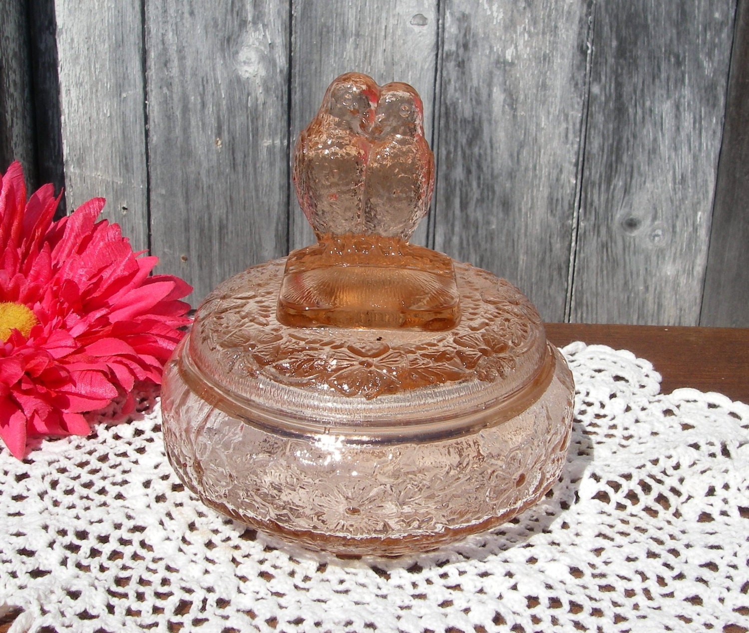 Vintage Powder Jar Transparent Pink Flower by tnjsvintagetreasures