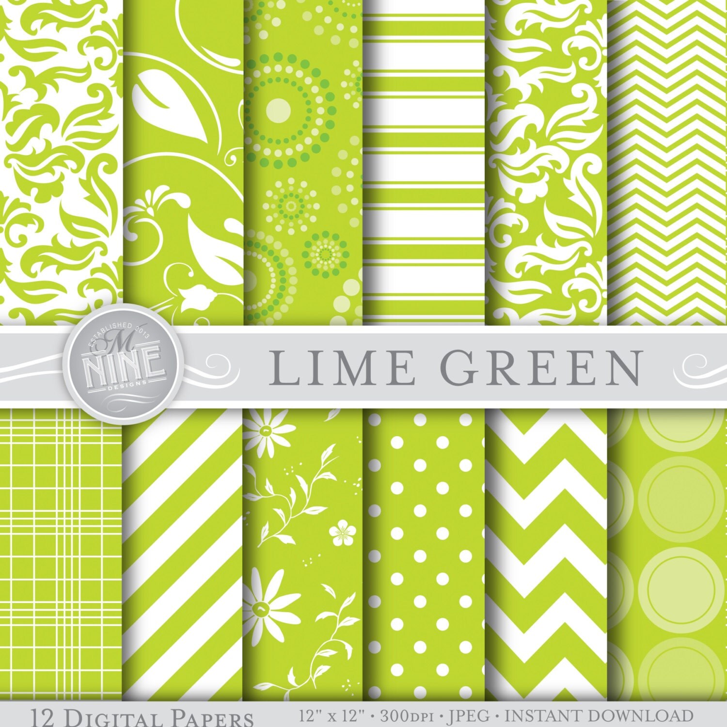 LIME GREEN Digital Paper SEAMLESS Pattern Prints Instant