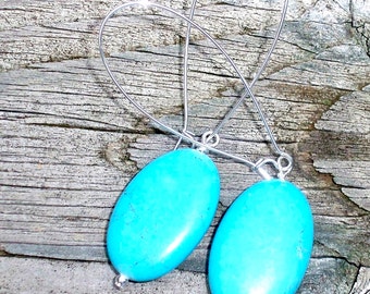 Amber - Turquoise Howlite Oval Gemstone Beaded Dangle Silver Kidney Hoop Earrings - Long Large