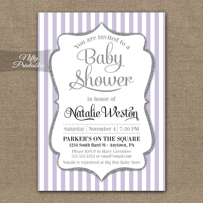 Lilac Baby Shower Invitations Printable Silver & Purple Baby