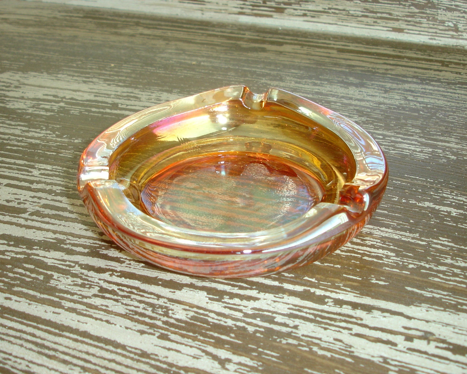 Vintage Ashtray Iridescent Peach Carnival Glass MidCentury