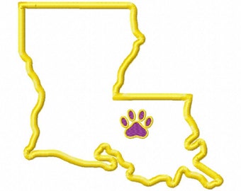 State of Louisiana applique with paw print embroidery design download - 5x7 size