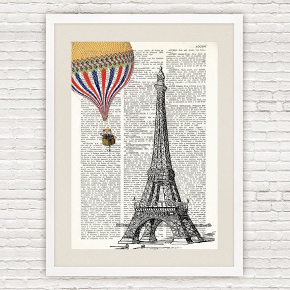 Dictionary Print EIFFEL TOWER and Hot Air BALLOON vintage