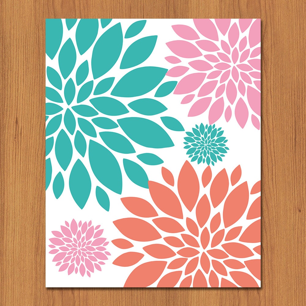 Floral Nursery Wall Art Print Coral Teal by PaisleyPeacockPrints