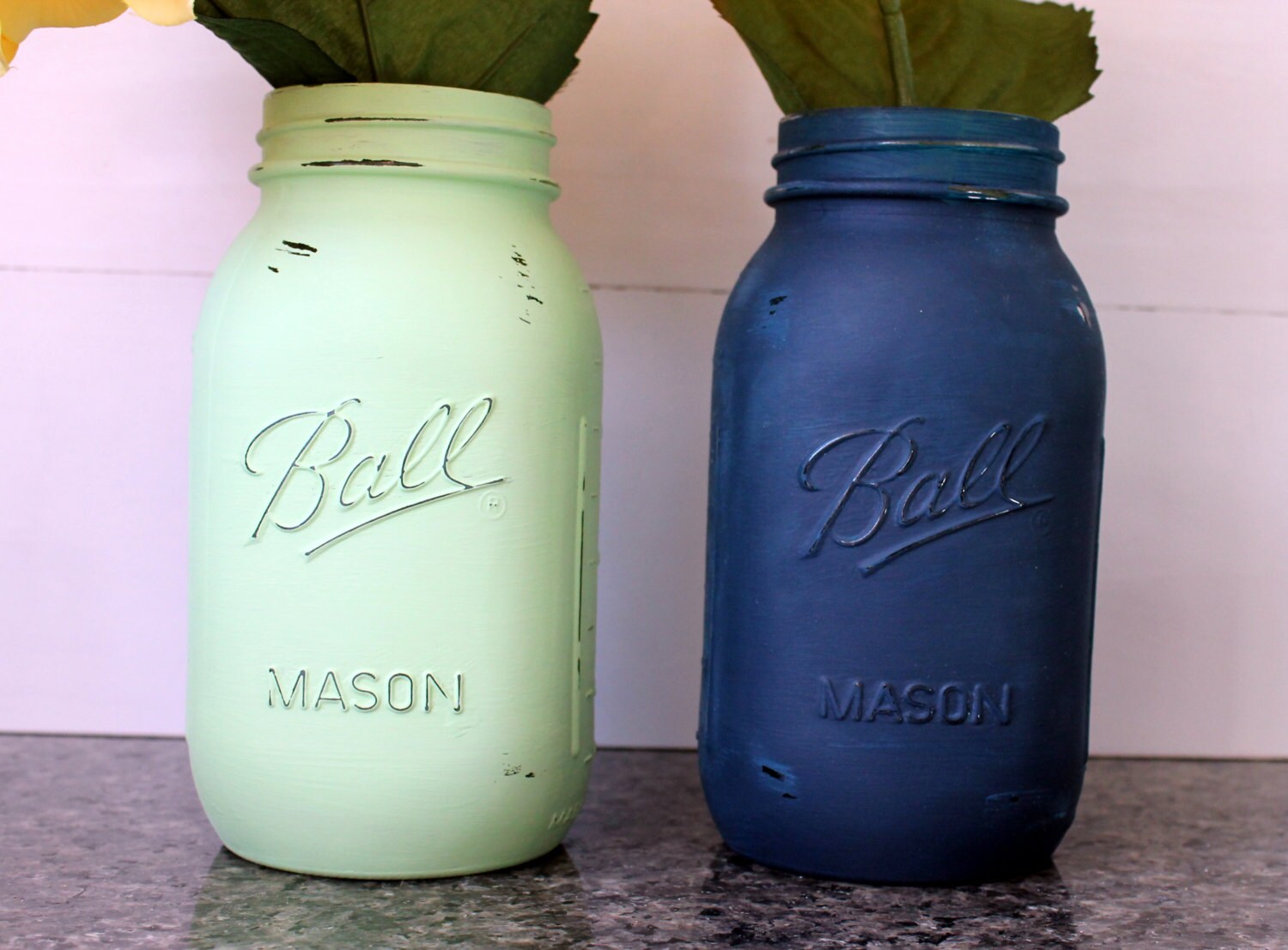 Painted Mason Jars Navy Blue and Mint Green by TheChicCottageCo