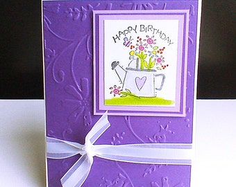 Happy Birthday Greeting Card Flower Birthday Card Purple Floral Birthday Card Handmade Birthday Card Greeting Card Embossed Birthday Card