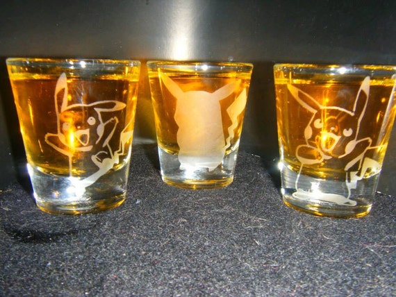 Pokemon Pikachu etched shot glass set of 3 fan art