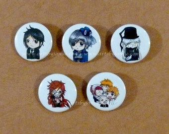 1.5 inch Black Butler Chibi Pinback Buttons, Magnets and Ponytails