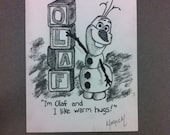 Custom Olaf charcoal drawing - 5x7 drawing - Frozen's Olaf - Fan Art - custom name charcoal drawing