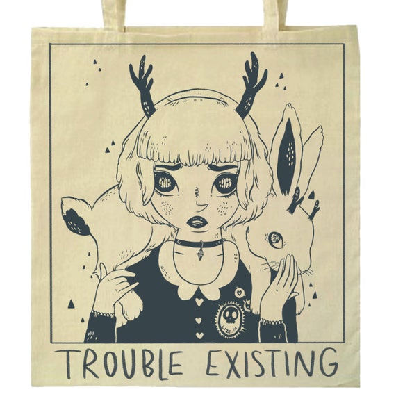 PRE-ORDER ~ One-colour screen printed 'trouble existing' tote bag