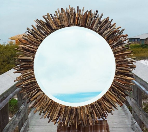 36 Round Sunburst Driftwood Mirror Coastal Beach by DriftedHands