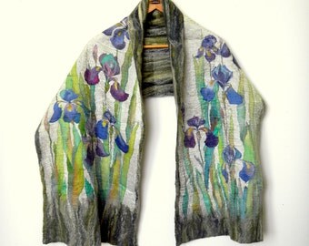 Blue iris shawl Silk felt scarf Hand painted silk scarf with flowers Nunofelt Warm shawl Floral Mother's Day gift Boho chic Gift for wife