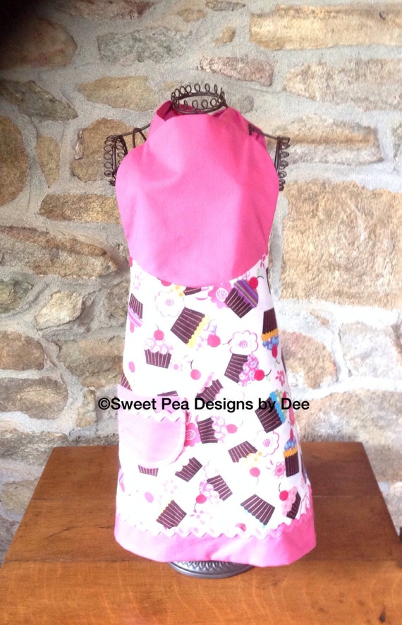 Cupcake apron, pink toddler girls, reversible for little girls, cooking with kids,