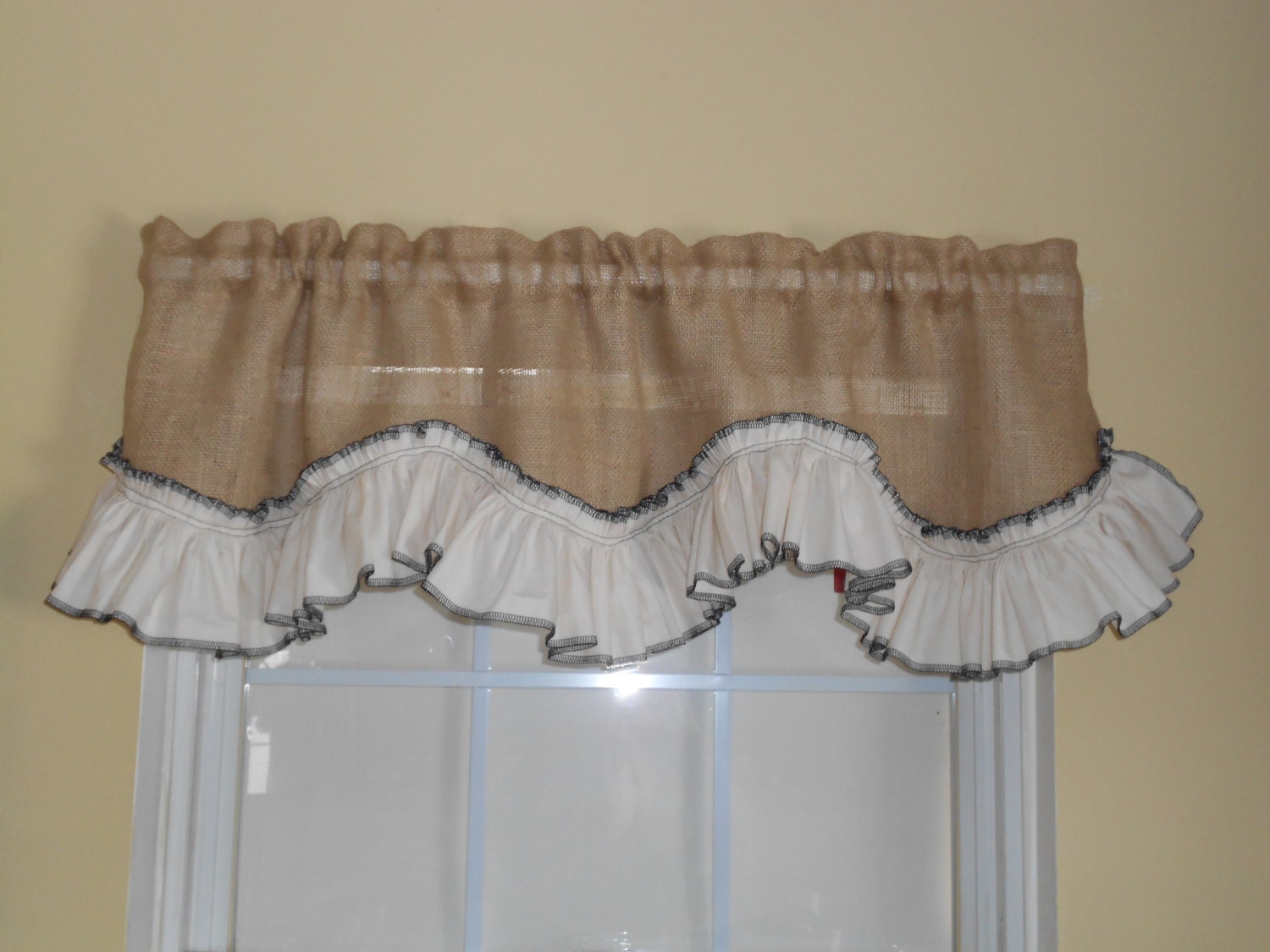 Country Burlap Valance with Priscilla ruffle trimmed in