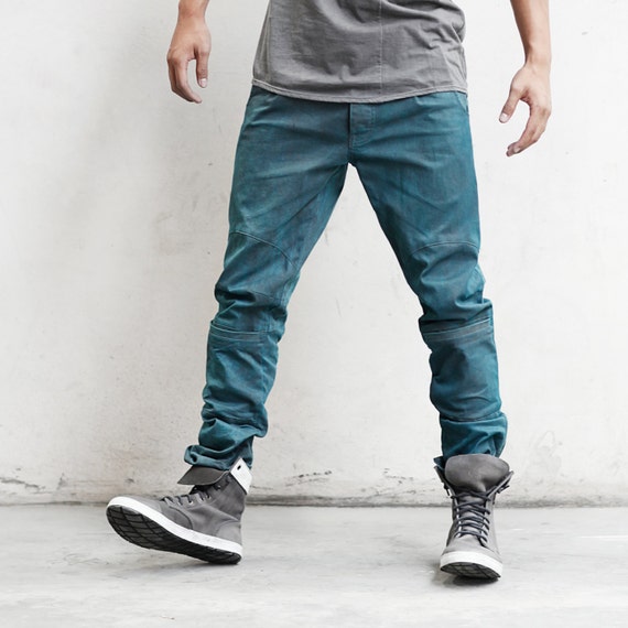 EON - Heathen Clothing Men's Pants - Hand Painted Turquoise - Stretch Cotton Twill - Button Fly - Six Pockets - Brass Key Loop