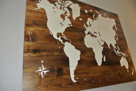 Rustic Wood World Map Hand Made Hand Painted By