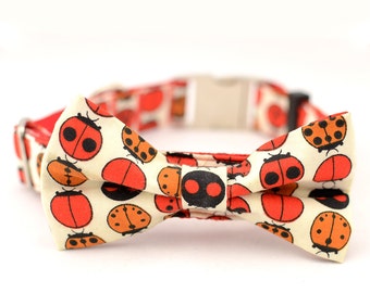 Personalized Dog Collar and Bow Tie Set, Ladybugs,Fabric B25,1 inch wide