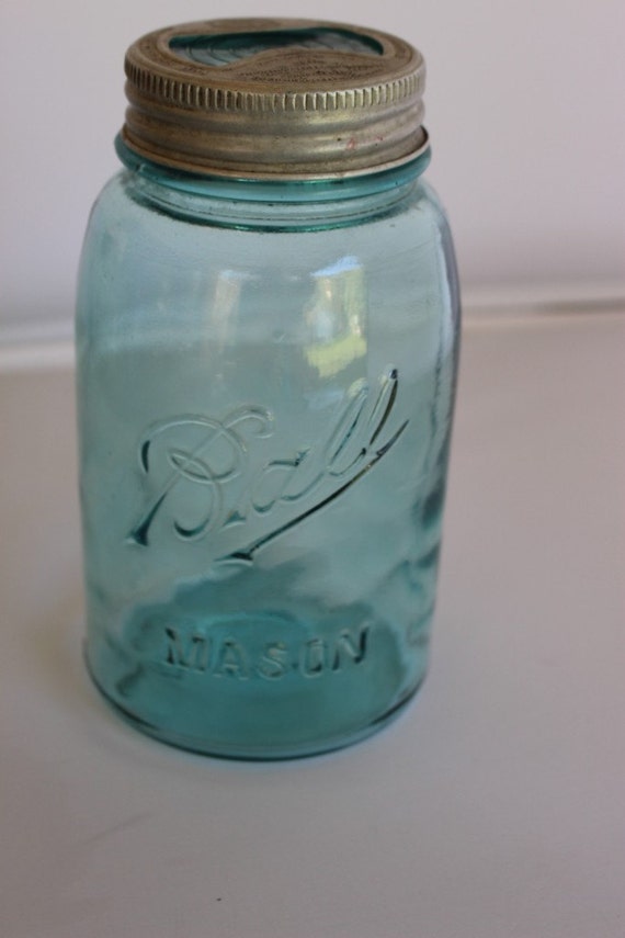 Items similar to On sale! Blue Ball Mason Jar Zinc & Glass Lid Good