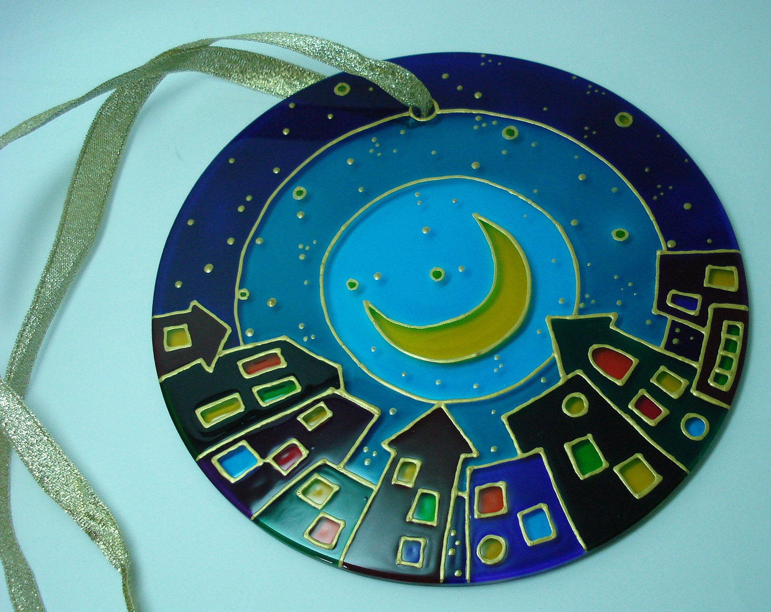 Hand Painted Suncatcher Glass Panel The Moon in a night City