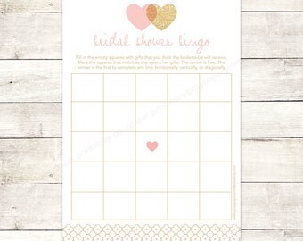 bridal shower bingo game card printable DIY pink gold glitter hearts wedding shower bingo bridal shower digital games - INSTANT DOWNLOAD