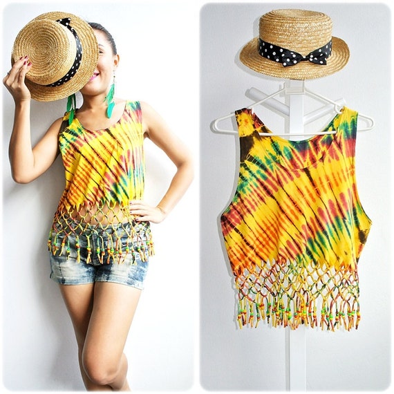 Rasta Color Tie Dye Macrame Knot Beaded Fringe Crop T Shirt