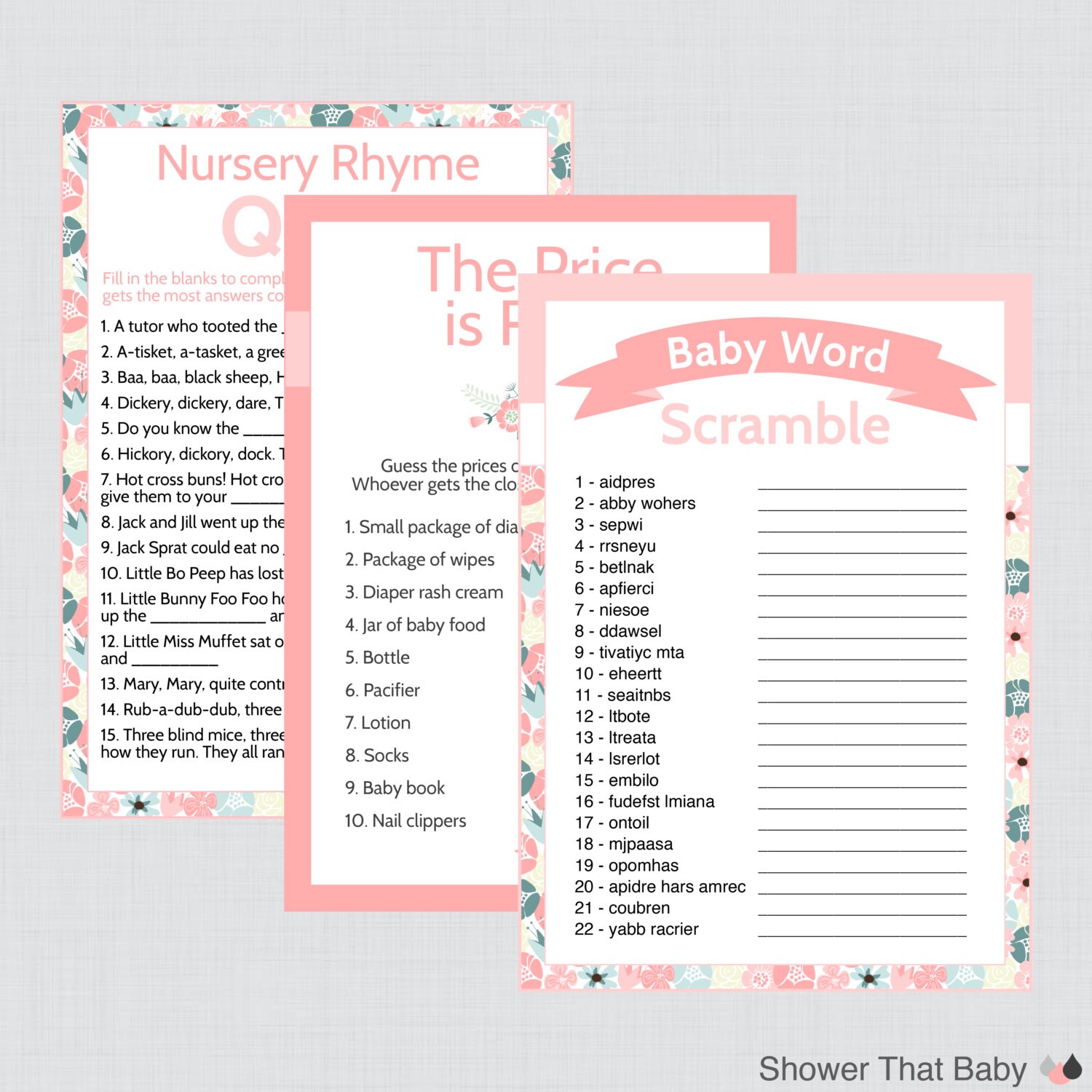 Baby Shower Games Package in Pink Flowers Six Printable