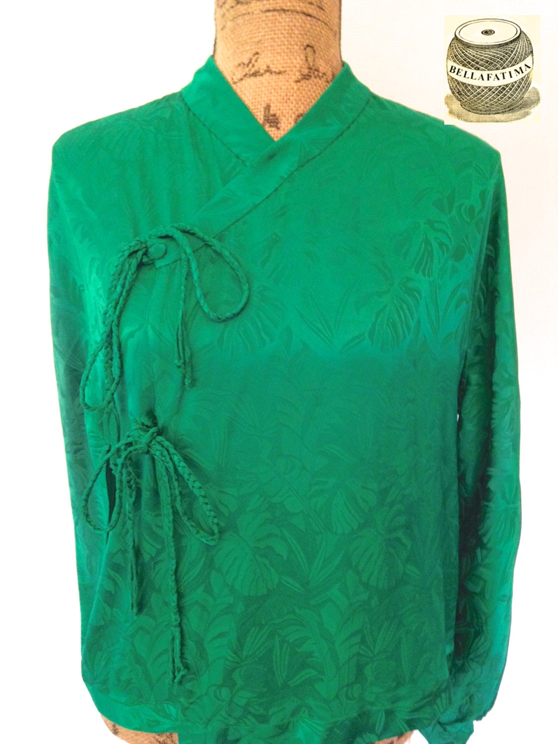 Vintage Emerald Green Silk Blouse with jacquard floral design.