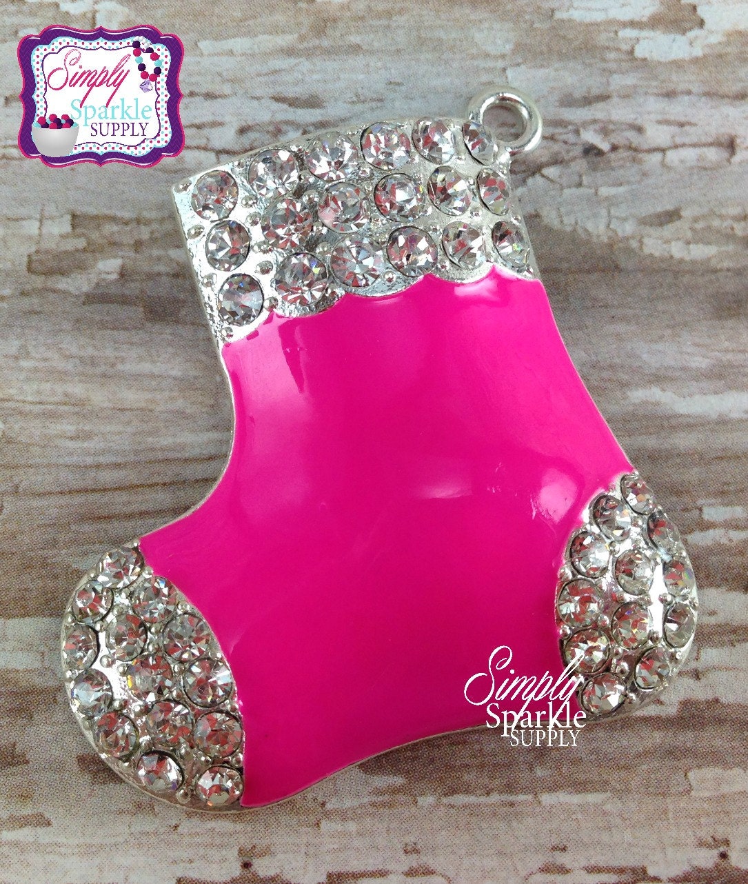 Pink Christmas Stocking Rhinestone Chunky Bead Pendant Bling