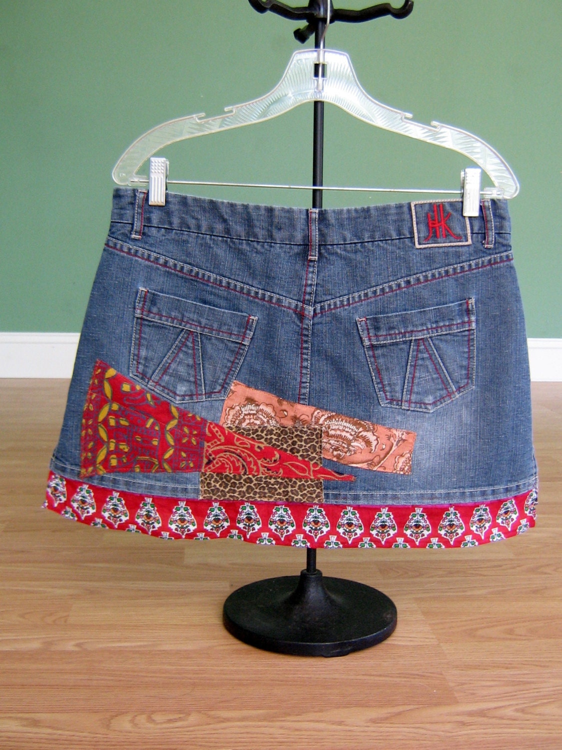 SaLe // PATCHWORK SKIRT Upcycled Jean Skirt Tribal Red Hippie
